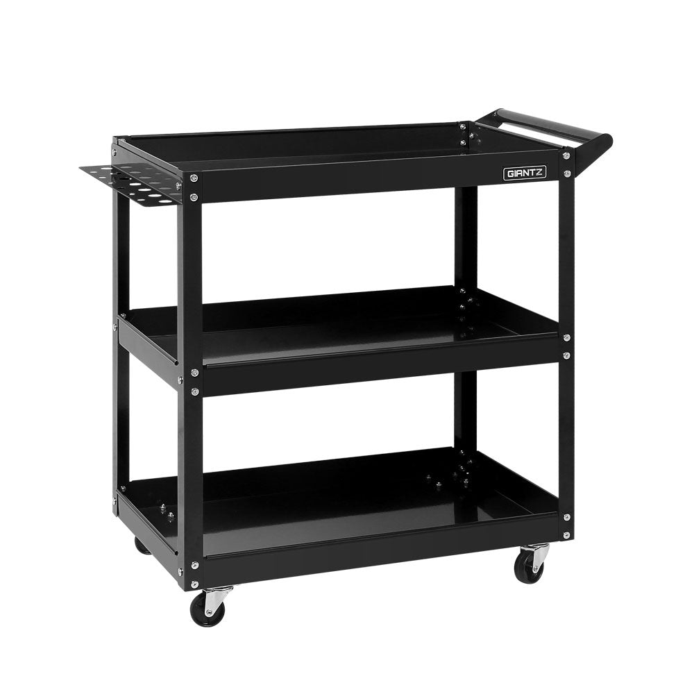 Heavy-Duty 3-Tier Steel Tool Trolley with Lockable Castors and Tool Organizer in Black