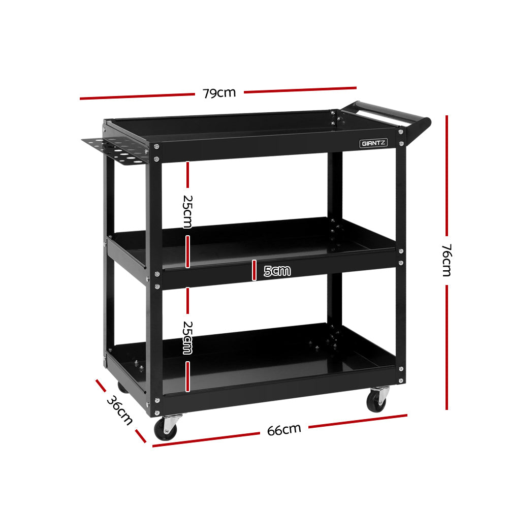 Heavy-Duty 3-Tier Steel Tool Trolley with Lockable Castors and Tool Organizer in Black