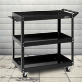 Heavy-Duty 3-Tier Steel Tool Trolley with Lockable Castors and Tool Organizer in Black