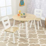 Kids' Round Table and Two Chair Set with Hidden Storage (White Natural)