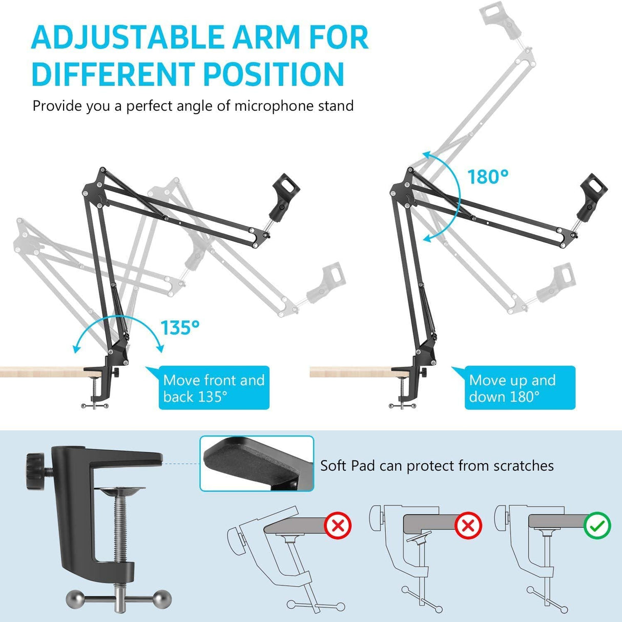 Professional Mic Stand with Pop Filter, Adjustable Clamp, and 3/8" to 5/8" Adapter