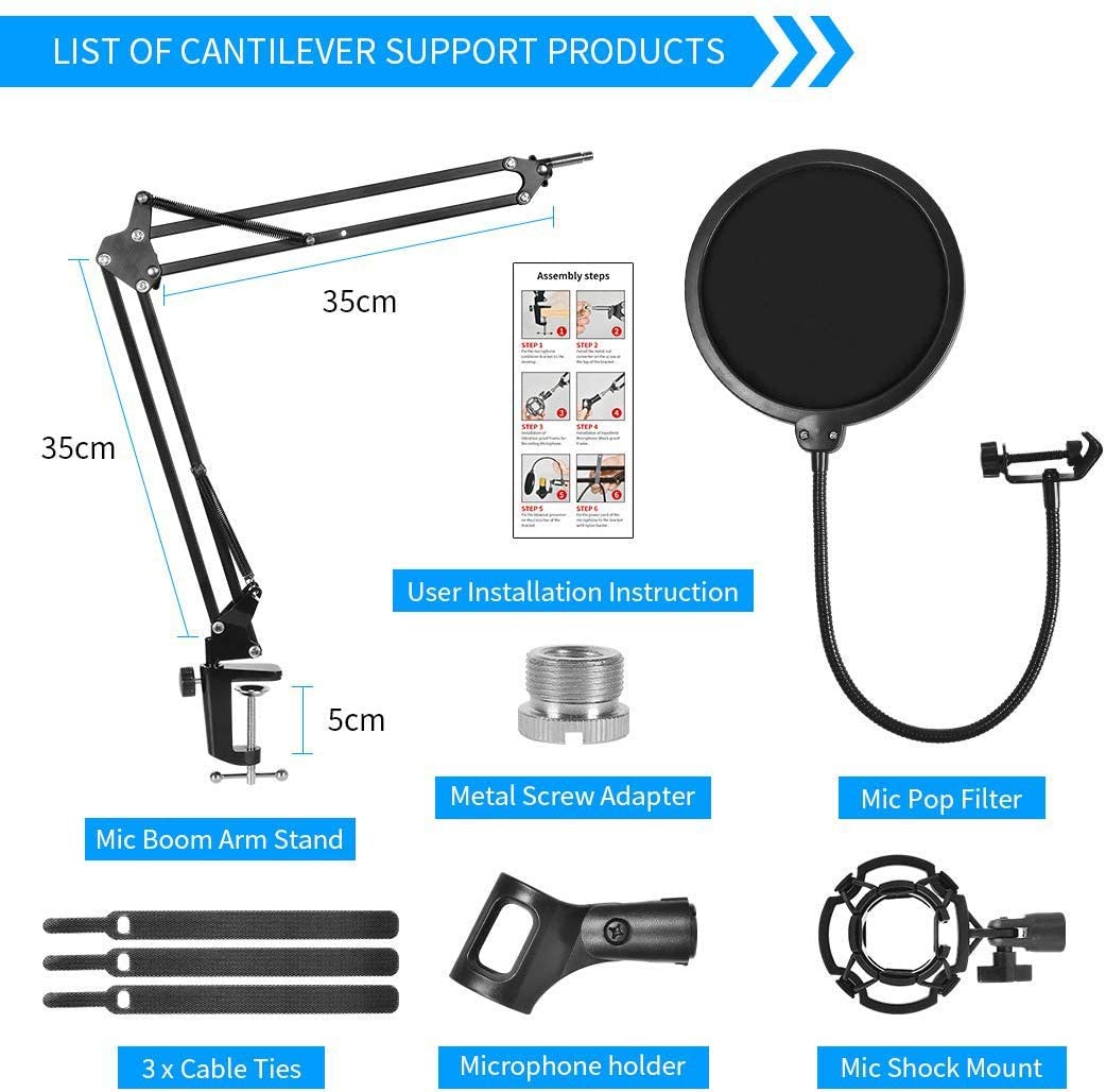 Professional Mic Stand with Pop Filter, Adjustable Clamp, and 3/8" to 5/8" Adapter