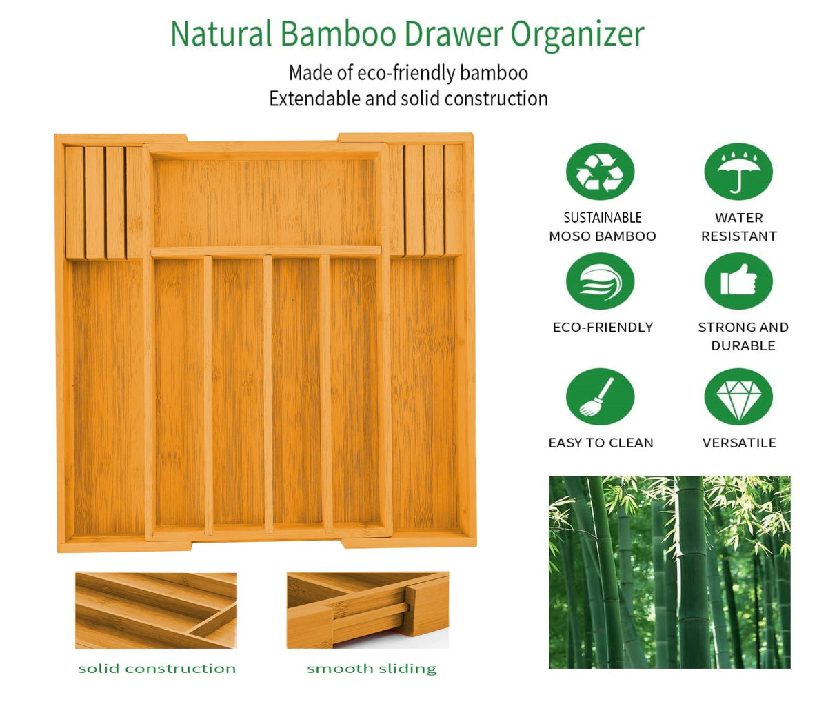 Expandable Bamboo Drawer Organizer with Knife Block for Kitchen and Home Storage