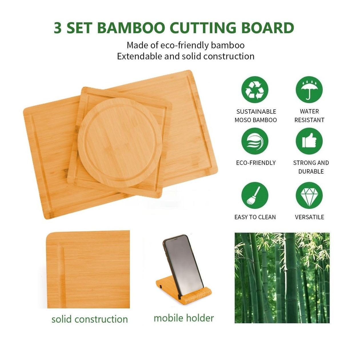 Bamboo Cutting Board Set with Juice Groove and Mobile Device Stand - 3 Piece Kitchen Essential