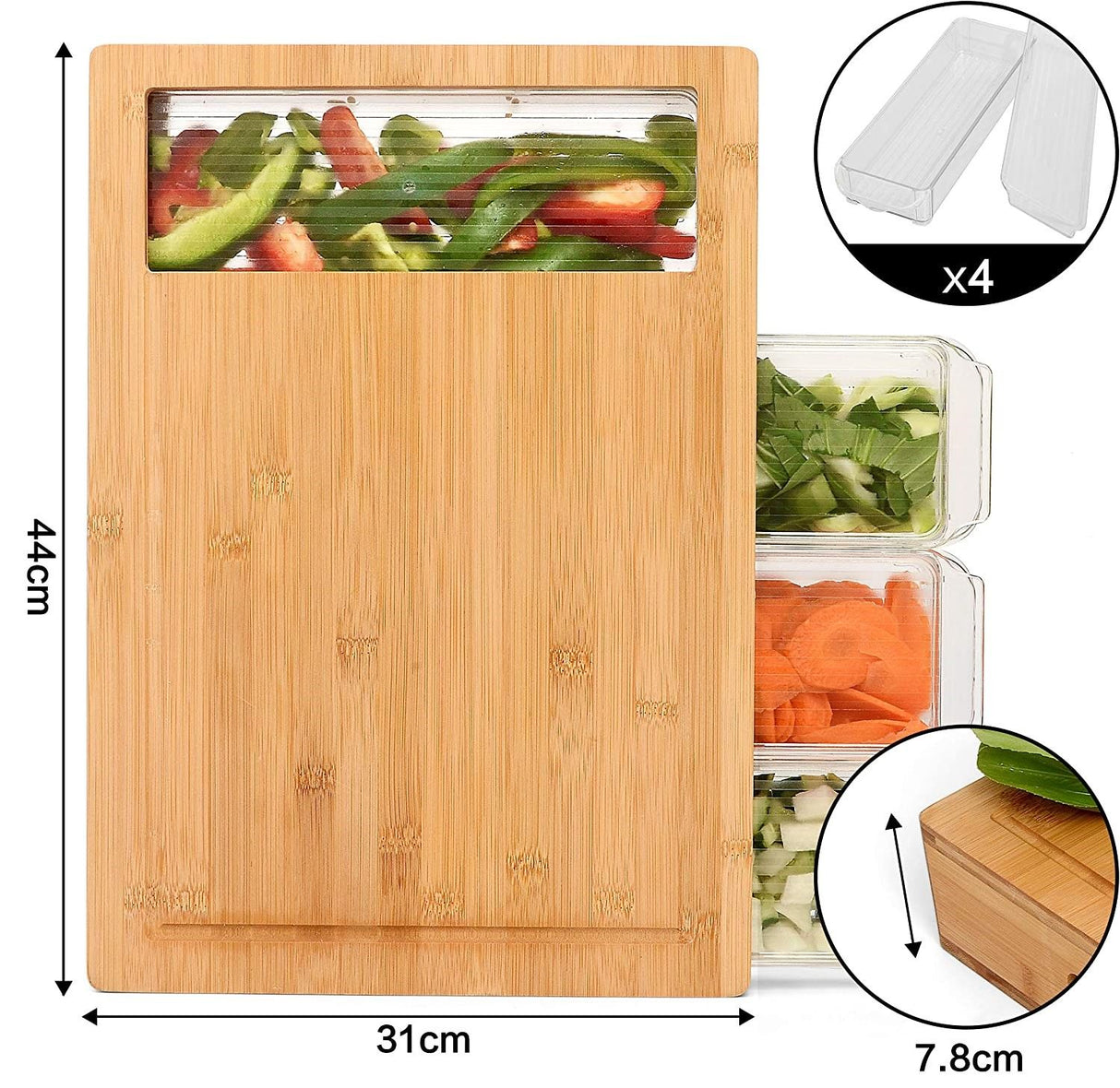 Bamboo Chopping Board Set with 4 Storage Containers and Mobile Stand - Perfect Kitchen Gift