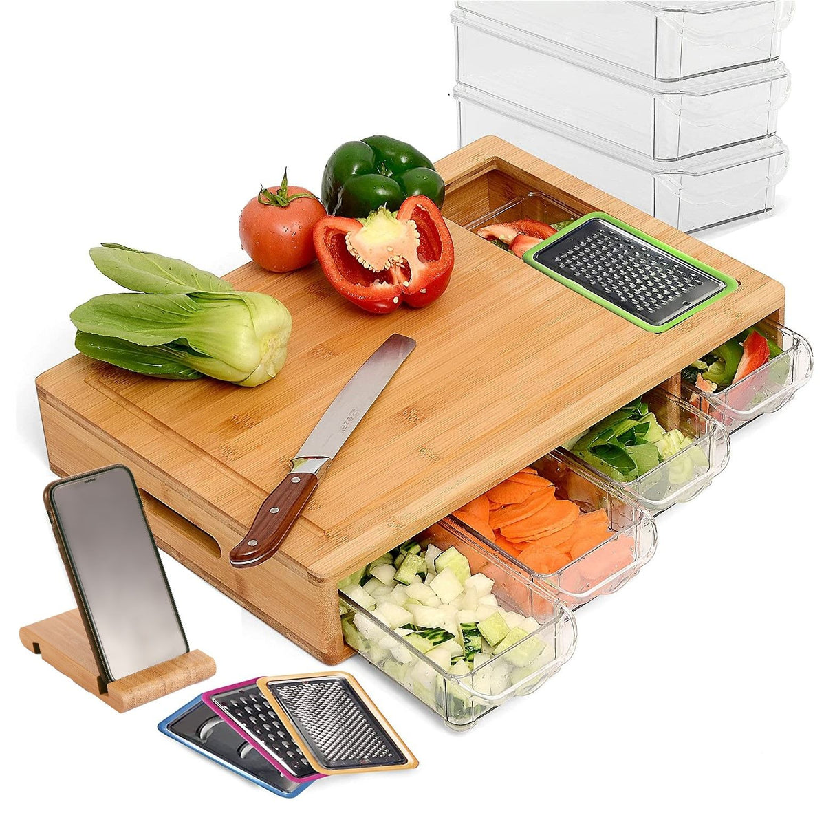 Bamboo Chopping Board Set with 4 Storage Containers and Mobile Stand - Perfect Kitchen Gift