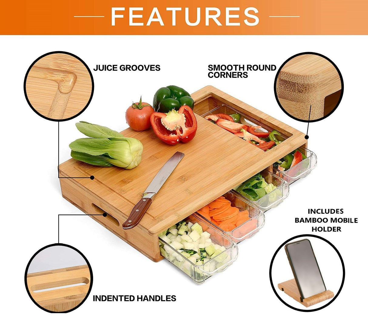 Bamboo Chopping Board Set with 4 Storage Containers and Mobile Stand - Perfect Kitchen Gift