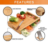 Bamboo Chopping Board Set with 4 Storage Containers and Mobile Stand - Perfect Kitchen Gift