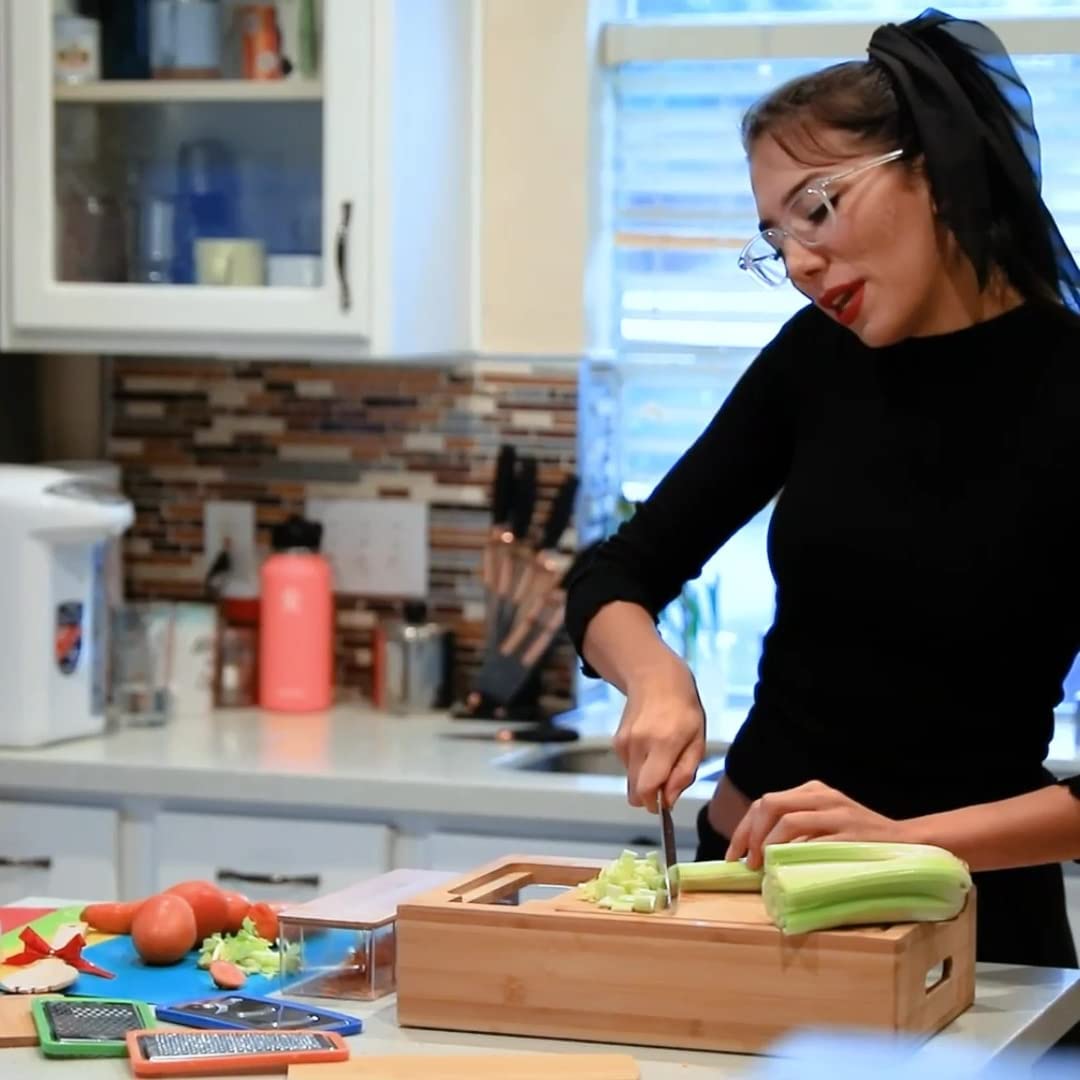 Bamboo Chopping Board Set with 4 Storage Containers and Mobile Stand - Perfect Kitchen Gift