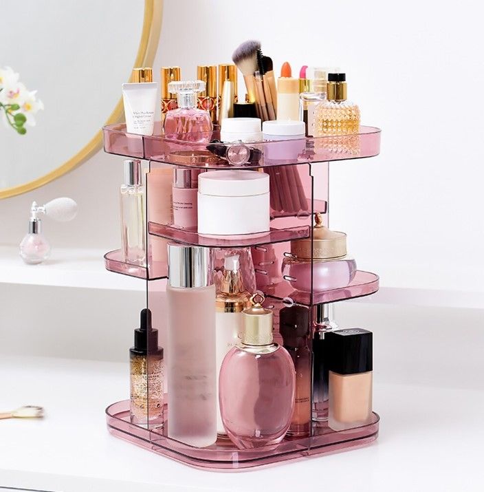 Pink 360-Degree Rotating Makeup Organizer with Large Capacity for Bedroom and Bathroom