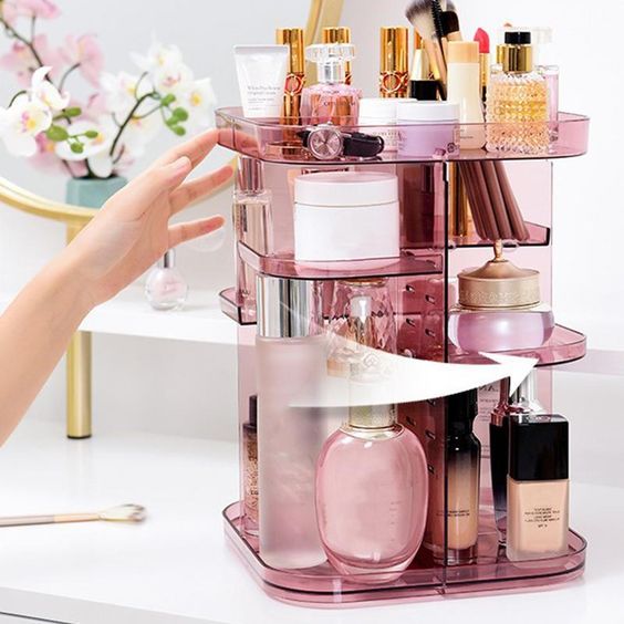 Pink 360-Degree Rotating Makeup Organizer with Large Capacity for Bedroom and Bathroom