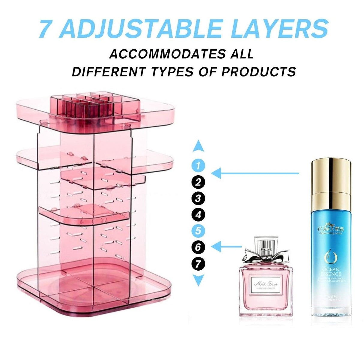 Pink 360-Degree Rotating Makeup Organizer with Large Capacity for Bedroom and Bathroom