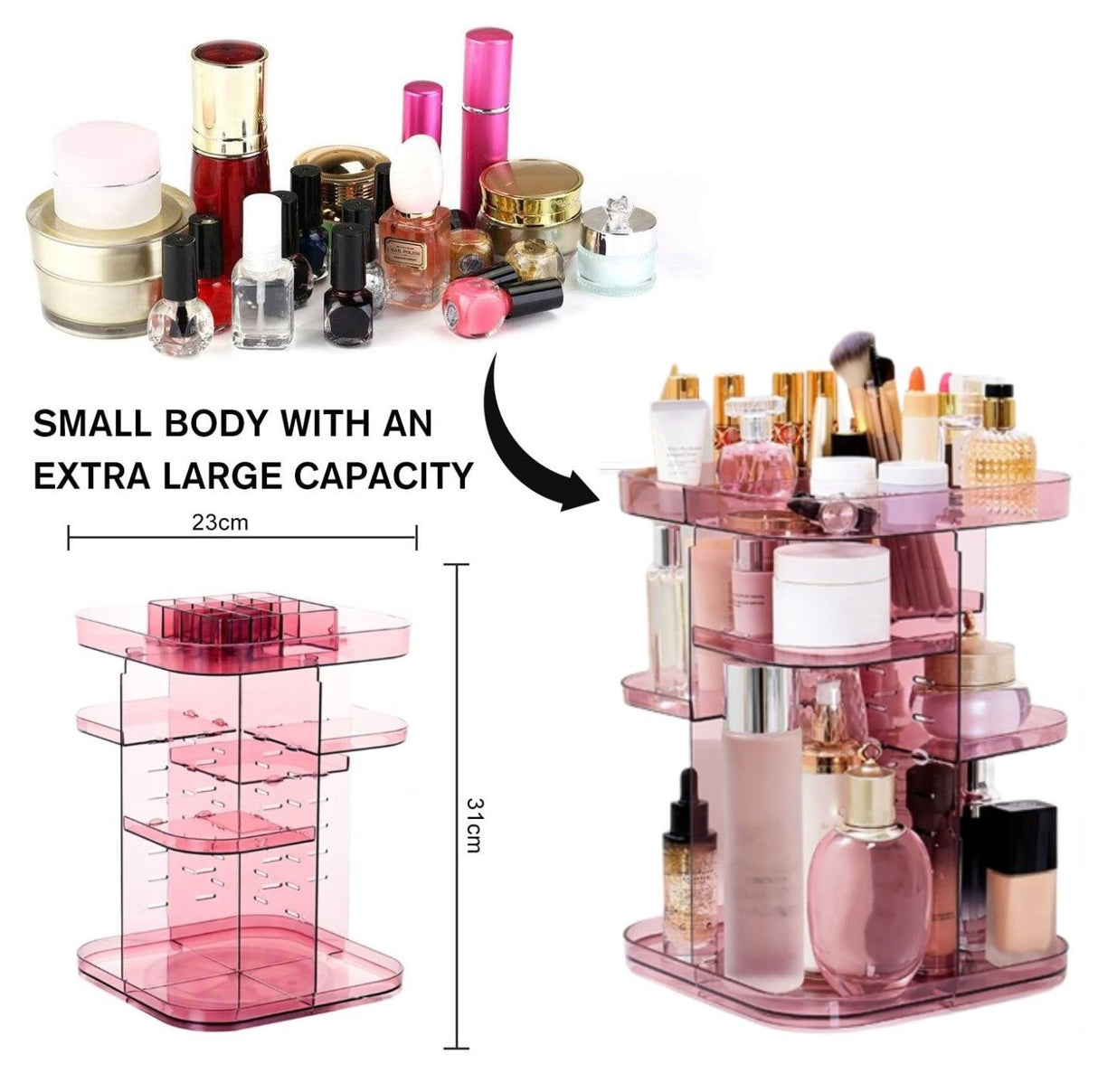 Pink 360-Degree Rotating Makeup Organizer with Large Capacity for Bedroom and Bathroom