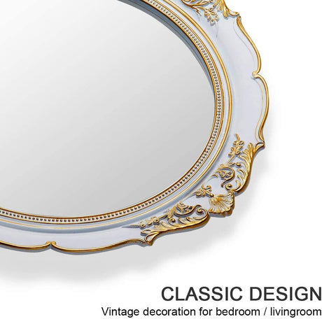 Vintage Oval Wall Mirror with Ornate White Frame for Home Decor (38 x 33 cm)