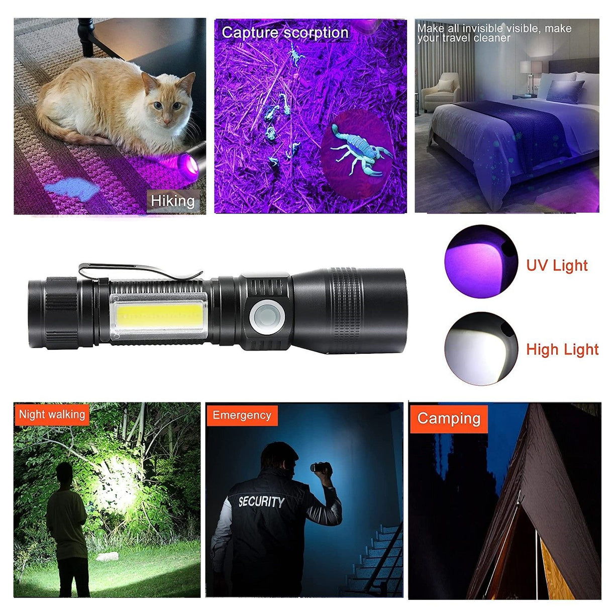 Multi-Functional Waterproof Rechargeable UV Light Flashlight for Outdoor Adventures