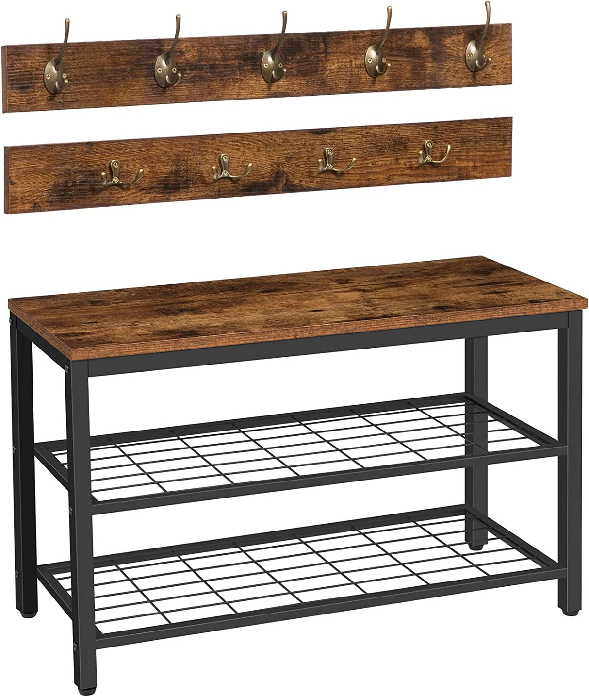 Compact Industrial Shoe Rack with Coat Hooks Organizer in Brown