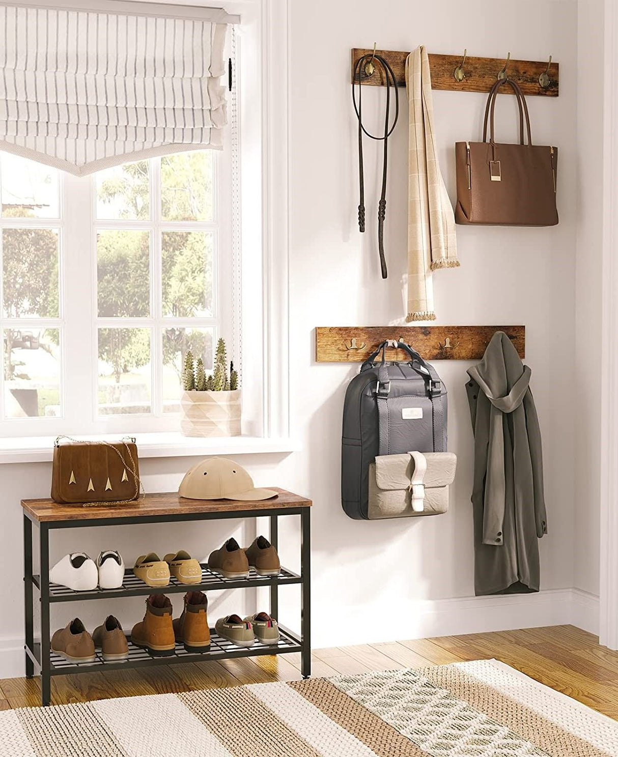 Compact Industrial Shoe Rack with Coat Hooks Organizer in Brown