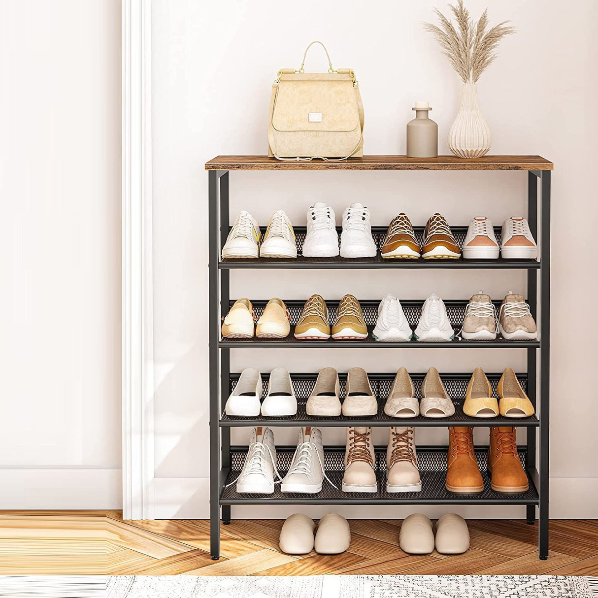 Compact 5-Tier Shoe Storage Bench with Industrial Design