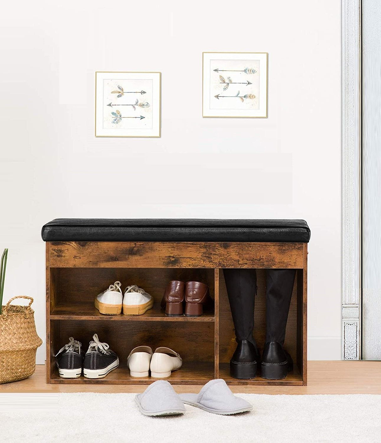 Stylish Entryway Shoe Storage Bench with Padded Cushion and Adjustable Shelf