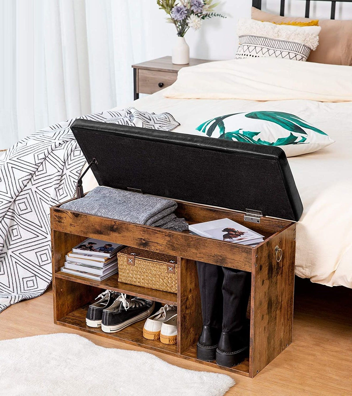 Stylish Entryway Shoe Storage Bench with Padded Cushion and Adjustable Shelf