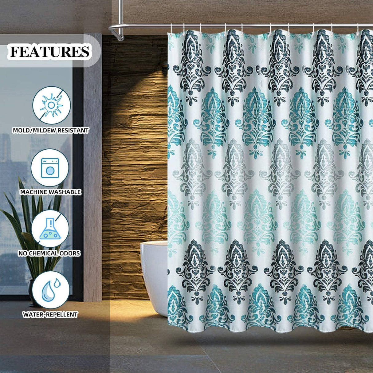 Modern Bathroom Shower Curtain Set with 12 Hooks - 180 x 180 cm