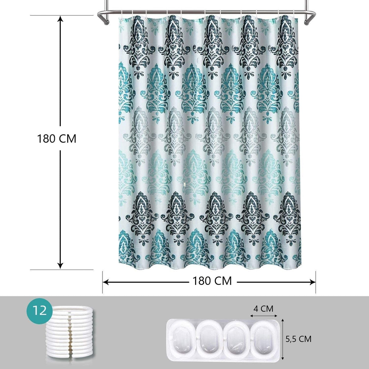 Modern Bathroom Shower Curtain Set with 12 Hooks - 180 x 180 cm