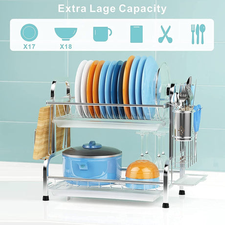 2-Tier Stainless Steel Dish Drying Rack with Utensil and Cutting Board Holders, Ideal for Kitchen Counter (Silver)