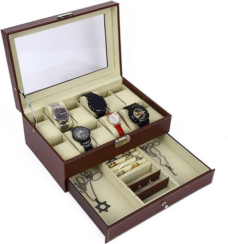 Elegant Brown Lockable PU Leather Watch and Jewelry Organizer with 12 Slots