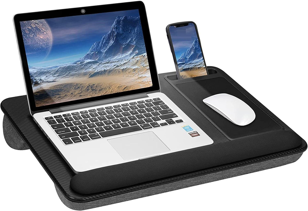 Versatile Portable Laptop Tray with Cushion, Mouse Pad, and Phone Holder for Home Office (Black, 43cm)