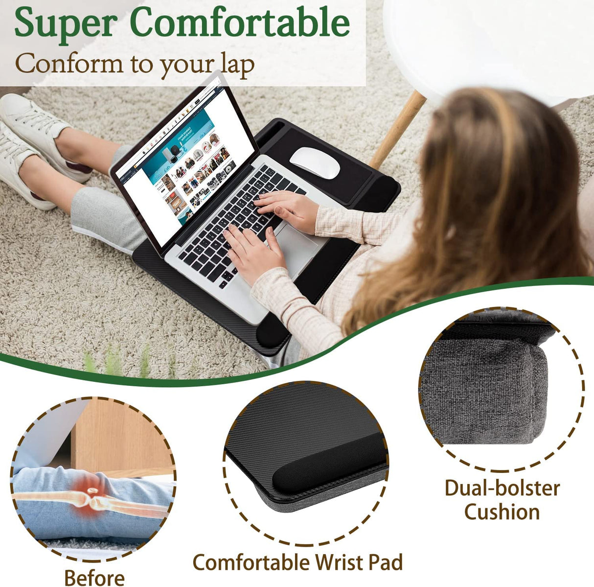 Versatile Portable Laptop Tray with Cushion, Mouse Pad, and Phone Holder for Home Office (Black, 43cm)