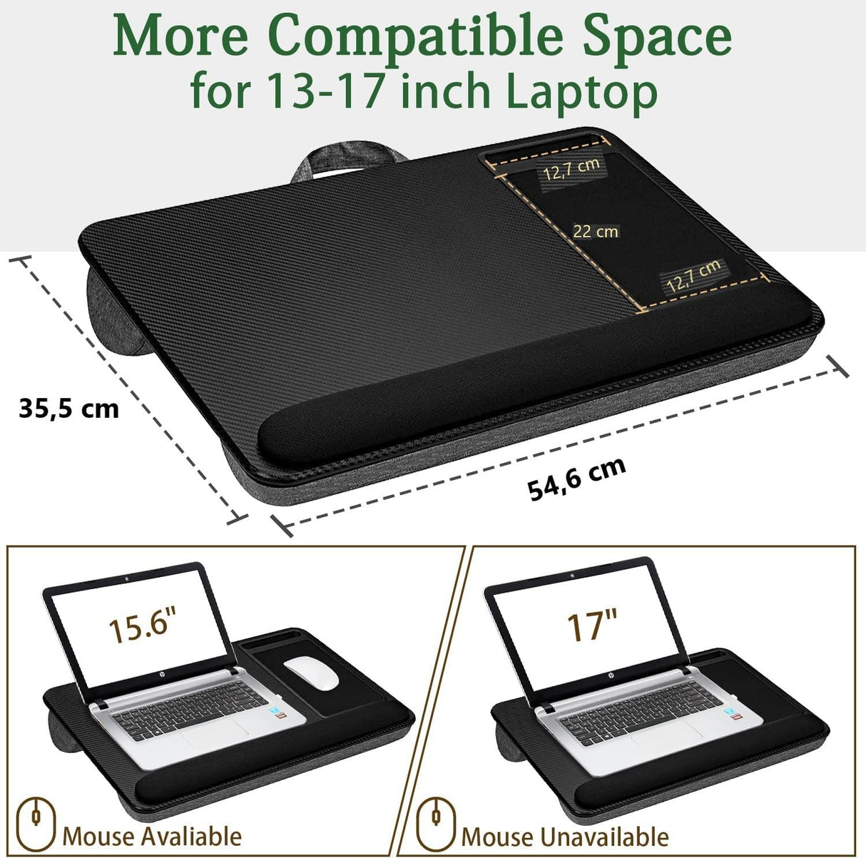 Versatile Portable Laptop Tray with Cushion, Mouse Pad, and Phone Holder for Home Office (Black, 43cm)