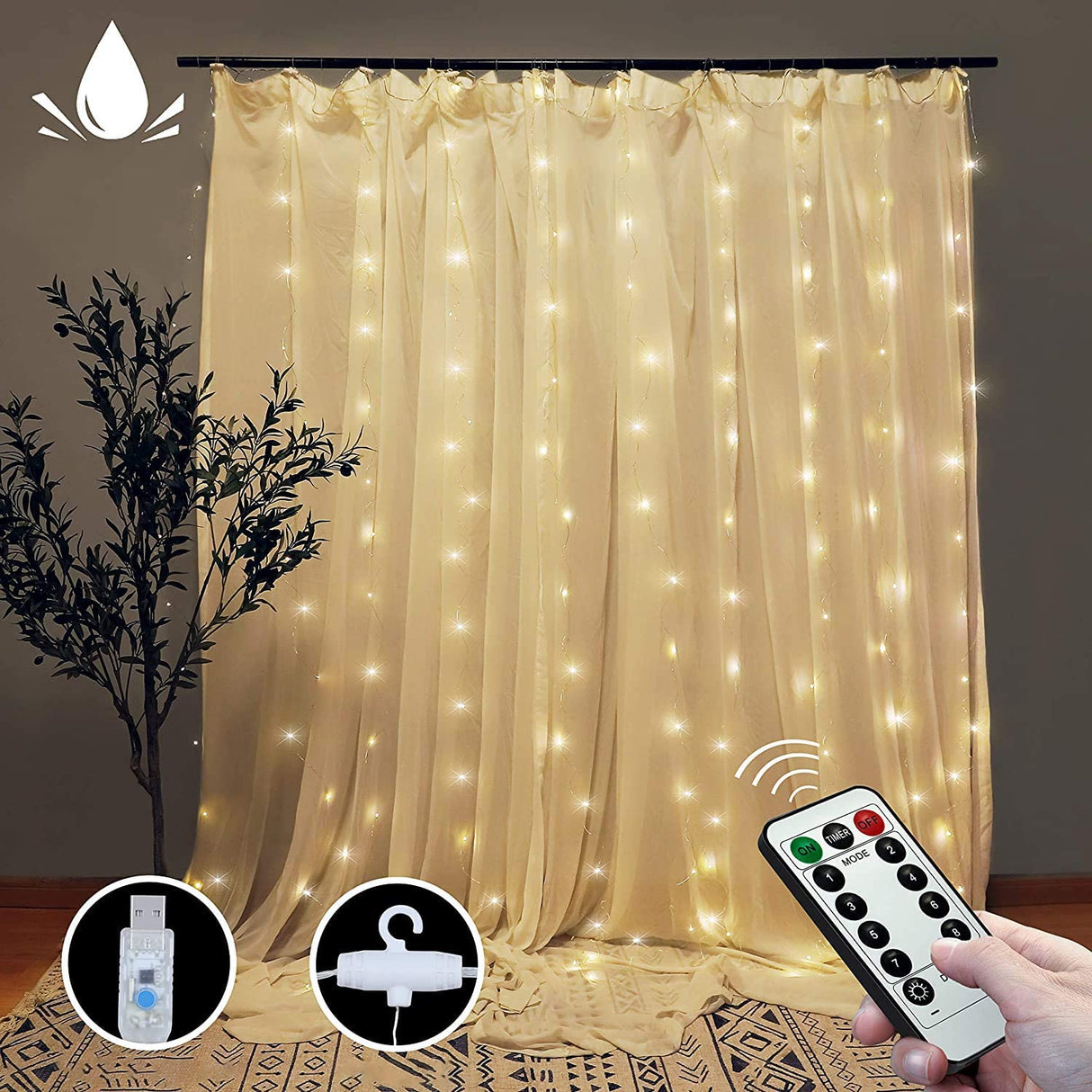 Warm White 300 LED Curtain String Lights with Remote Control - 8 Modes for Bedroom Decor (300 x 300cm)