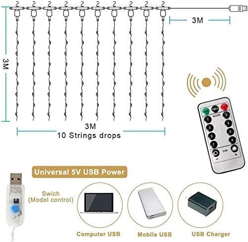 Warm White 300 LED Curtain String Lights with Remote Control - 8 Modes for Bedroom Decor (300 x 300cm)