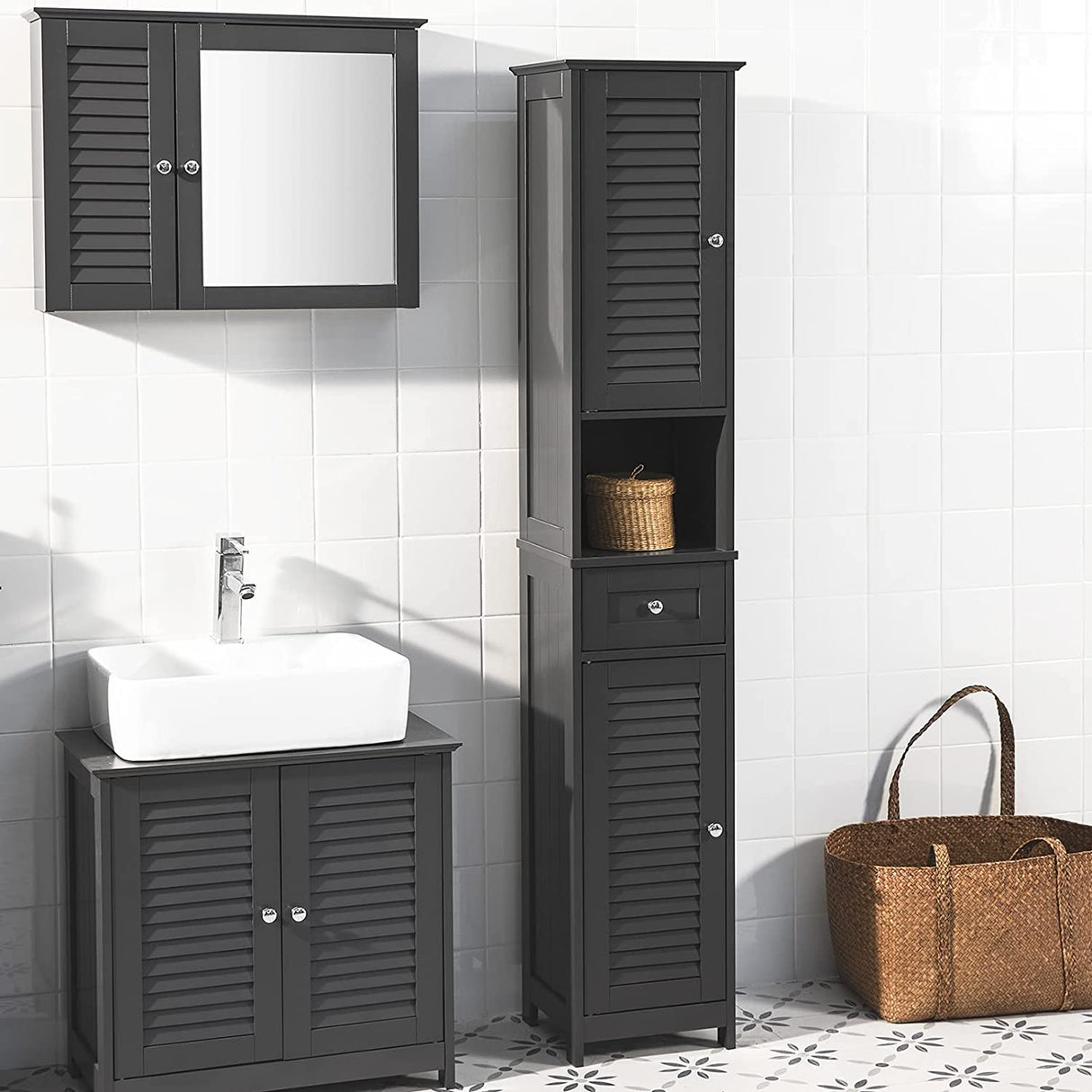 Modern Black Freestanding Tall Storage Cabinet for Bathroom - 170 cm