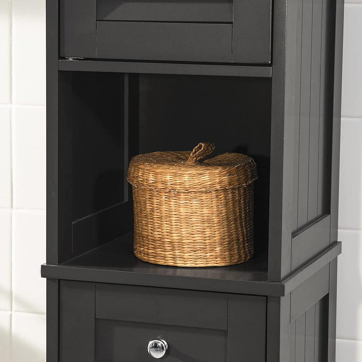 Modern Black Freestanding Tall Storage Cabinet for Bathroom - 170 cm