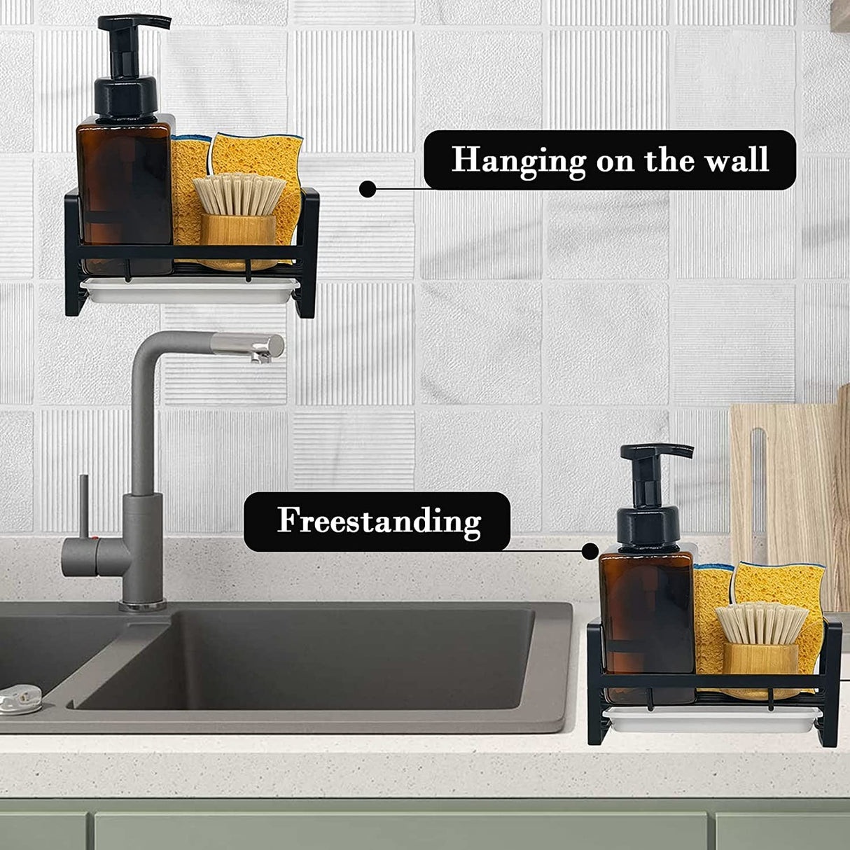 Wall-Mounted Adhesive Sink Organizer for Sponges and Kitchen Essentials