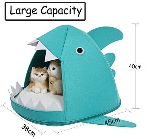 Shark-Style Cozy Cave Bed for Cats and Small Dogs (Blue) - 45 x 45 x 38 cm