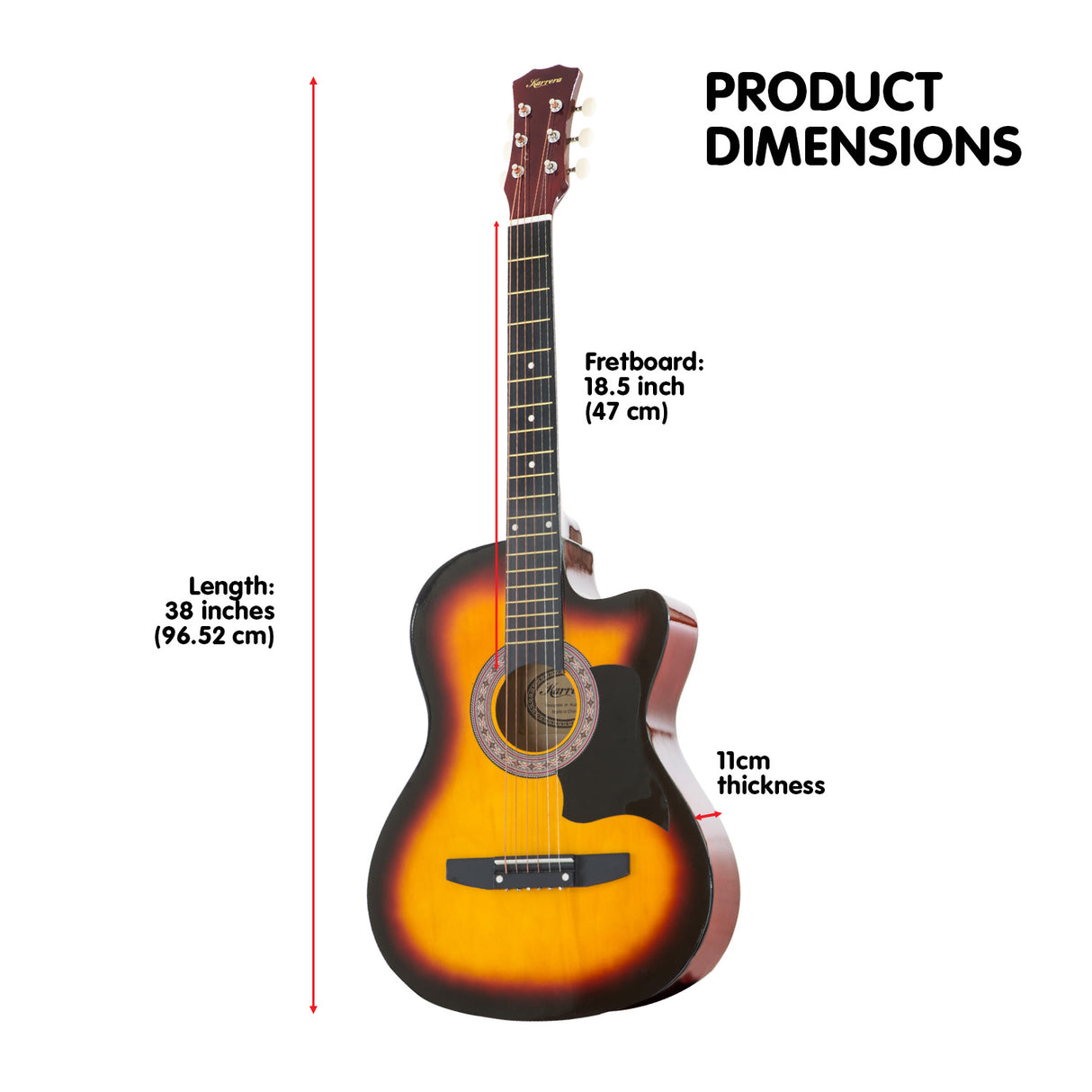 Karrera 38in Cutaway Acoustic Guitar Starter Kit with Bag and Accessories - Sunburst Finish