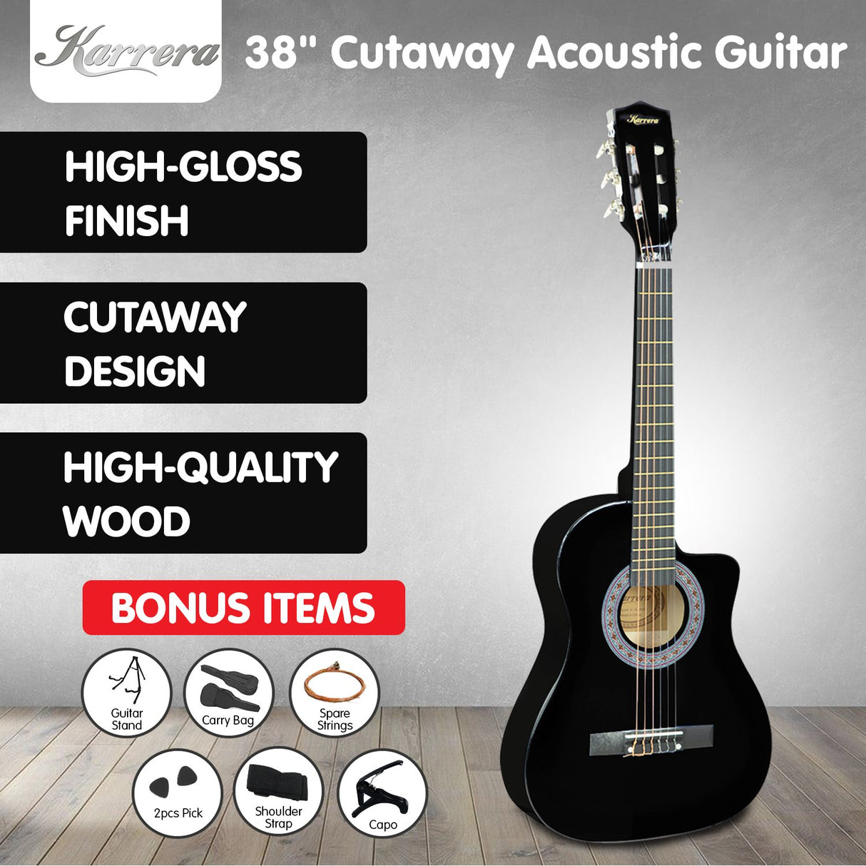 Karrera 38-Inch Premium Cutaway Acoustic Guitar Bundle with Accessories - Black