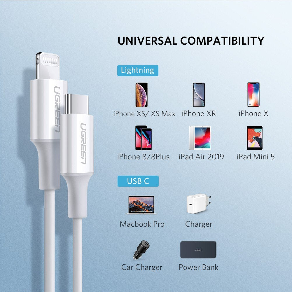 UGREEN 1M Type-C to MFi Lightning Charger Cable with Rubber Shell - Fast Charging Compatible with iPhone