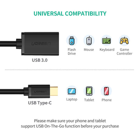 UGREEN 15CM USB-C Male to USB 3.0 Type A Female OTG Adapter - Black (Model 30701)