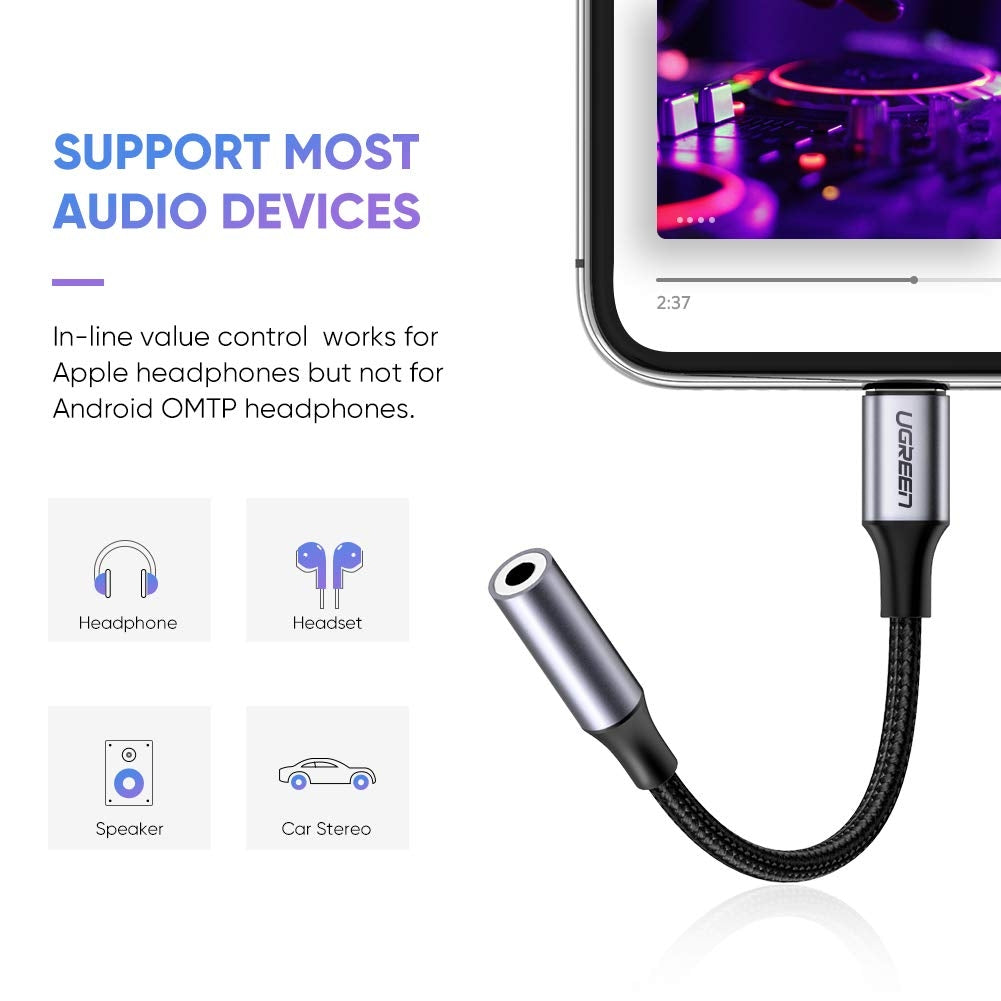 UGREEN Lightning to 3.5mm Headphone Adapter with Enhanced Sound Quality