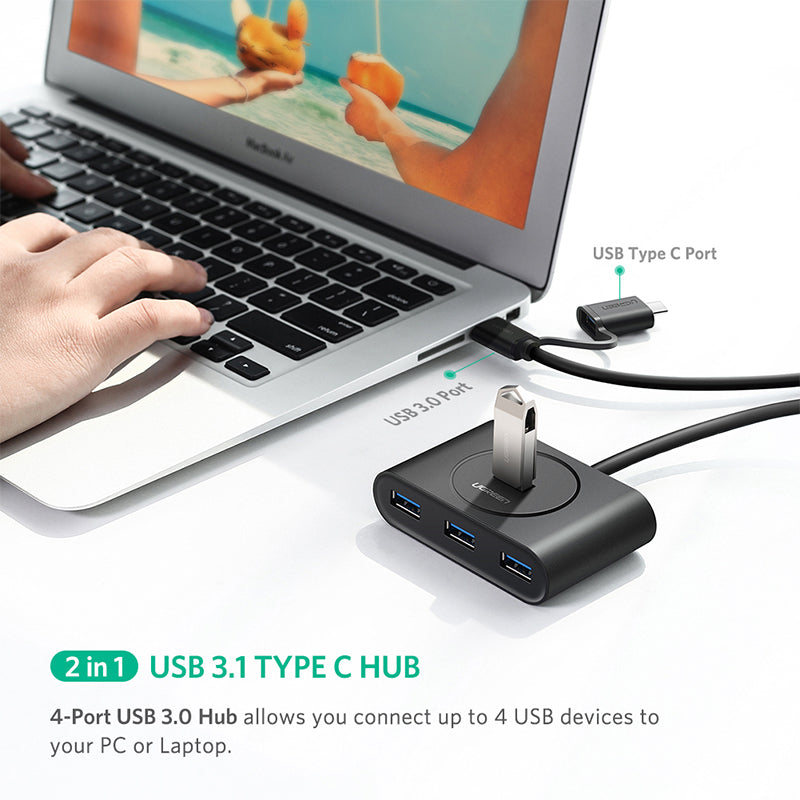 UGreen 4-Port USB 3.0 Hub with Type C Connector - 1M Cable, Black