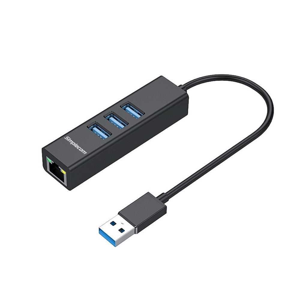 Simplecom CHN420 Aluminium 3-Ports USB Hub with Built-in Gigabit Ethernet Adapter - Black