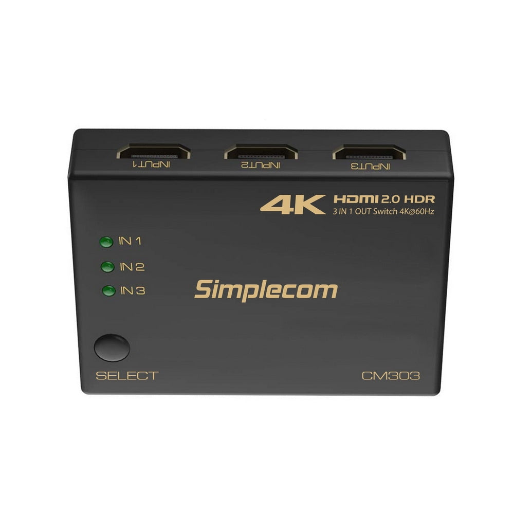 Simplecom CM303 3-Port Ultra HD HDMI Switcher with Remote Control - 4K@60Hz Splitter