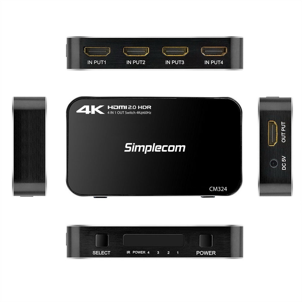 4-Port HDMI 2.0 Switch with Remote Control - 4K @60Hz UHD HDR Splitter and HDCP 2.2 Support