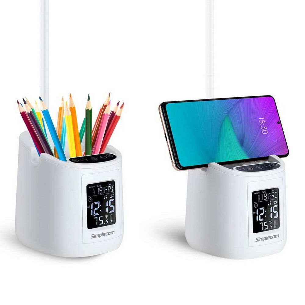 Rechargeable LED Desk Lamp with Multi-Function Clock and Pen Holder - Simplecom EL621