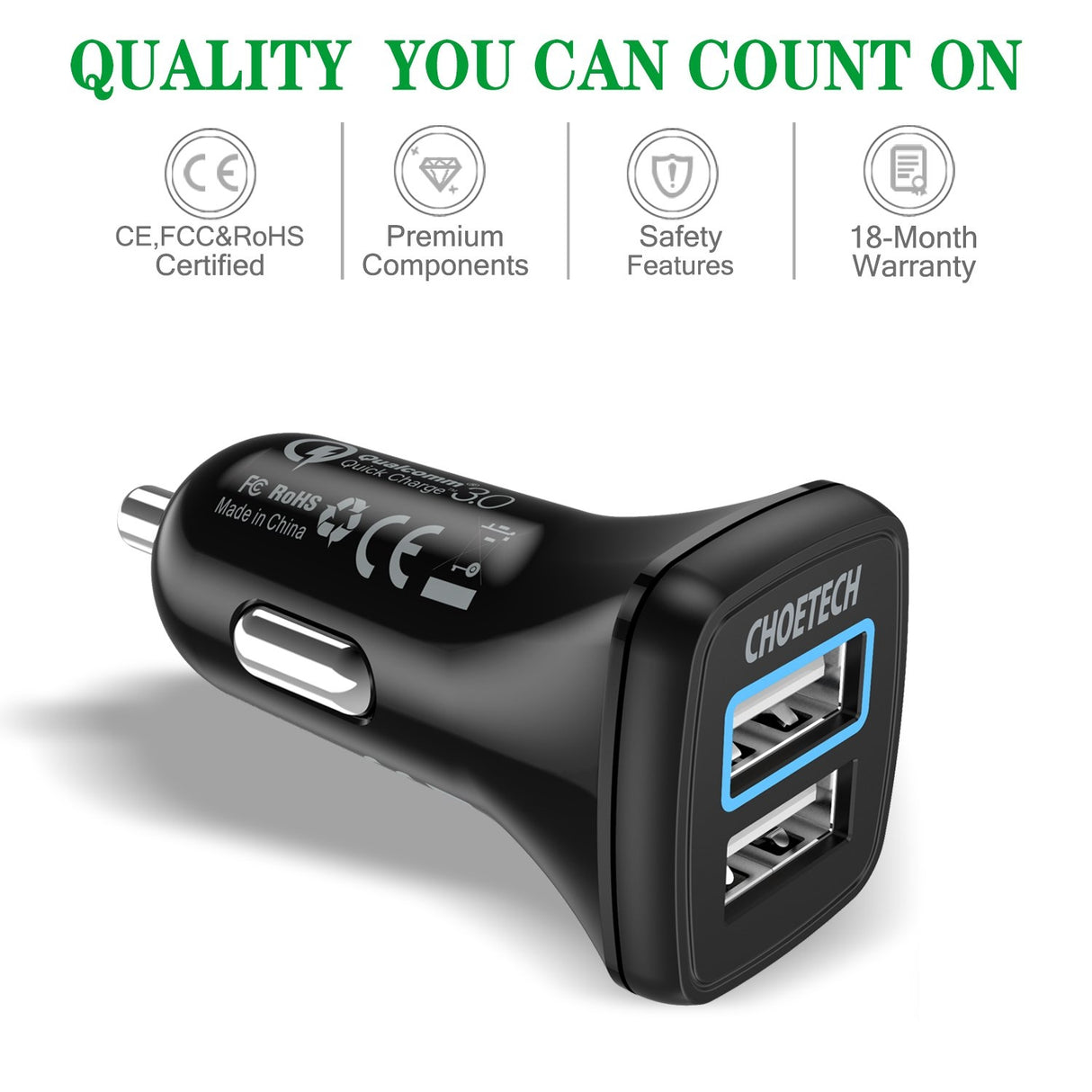 CHOETECH 30W Dual USB Quick Charge 3.0 Car Charger