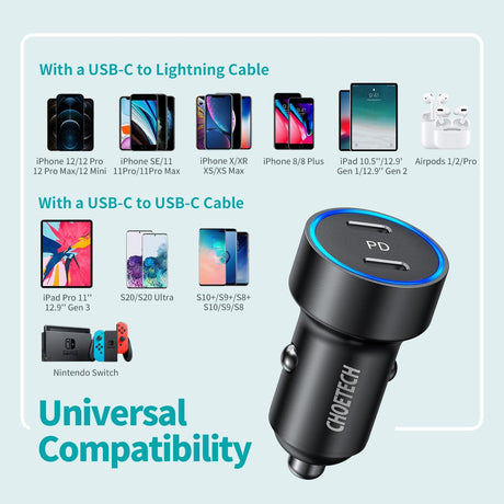 CHOETECH 40W Dual USB-C Fast Charging Car Charger Adapter