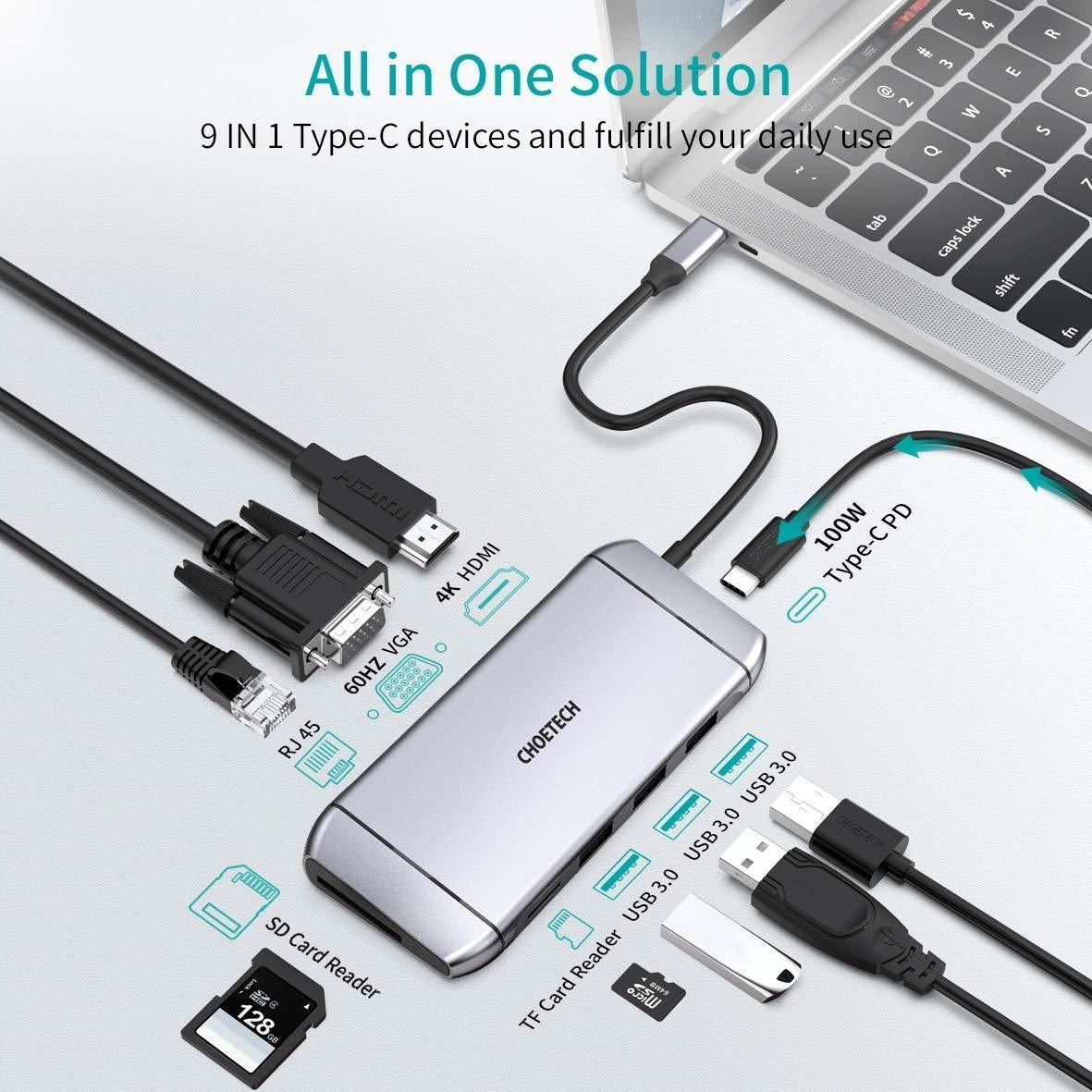 CHOETECH 9-in-1 USB-C Multifunction Hub Adapter with HDMI, VGA, Ethernet, and Power Delivery